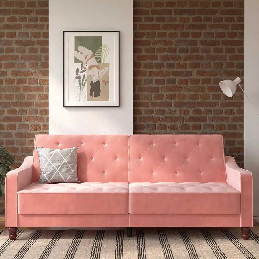 New Wohnen Dreisitzer Schlafcouch in Rosa Samtbezug - Norteba