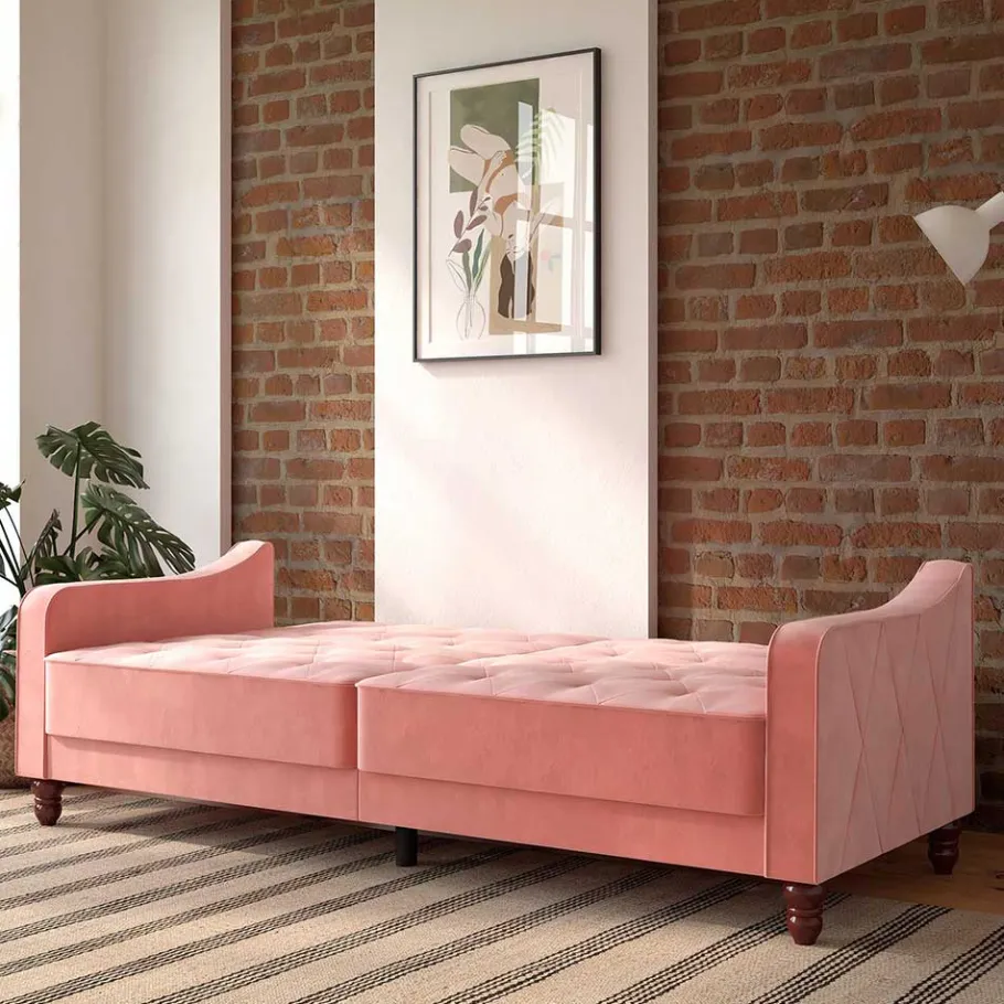 New Wohnen Dreisitzer Schlafcouch in Rosa Samtbezug - Norteba