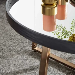 Discount Wohnen Dunkler Retro Wohnzimmertisch mit Spiegelglas - Marietta