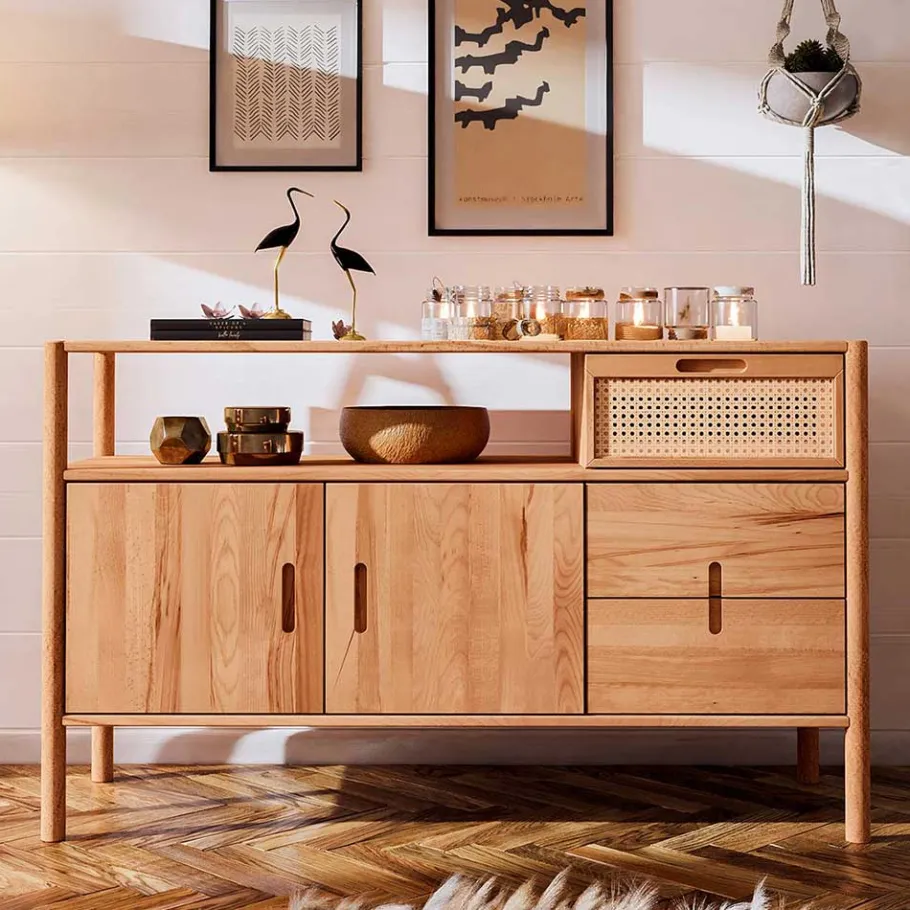 Clearance Wohnen Echtholz Kommode aus Wildbuche & Rattan - Indrya