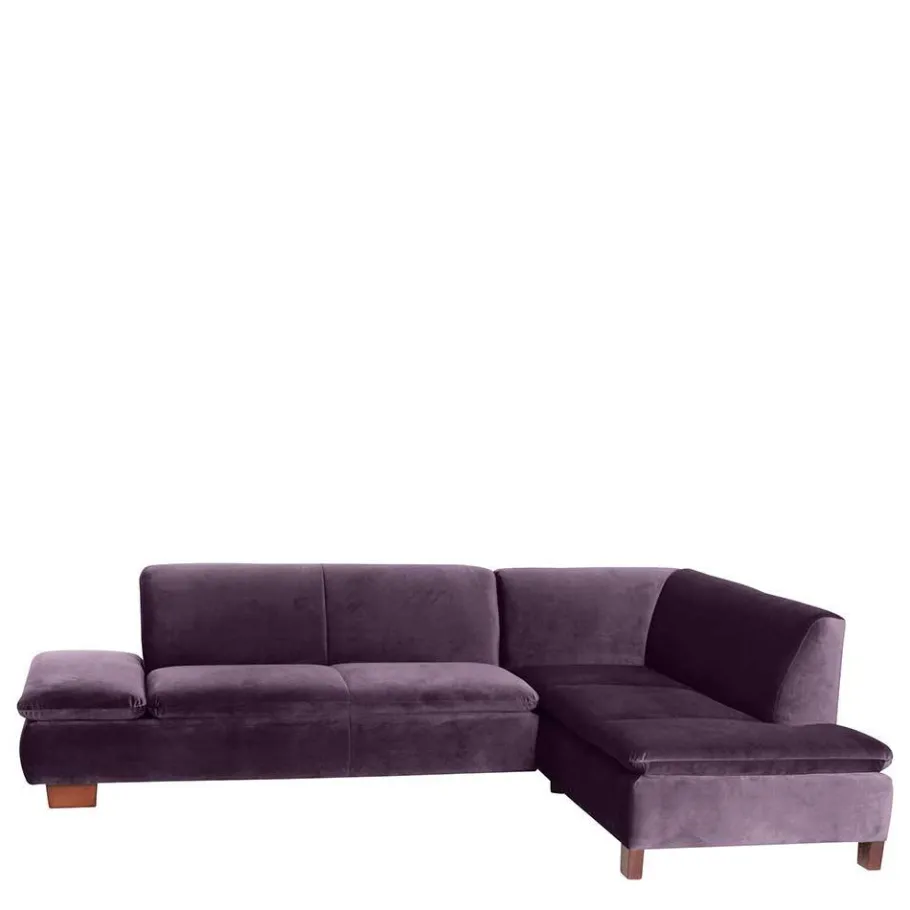 Discount Wohnen Ecksofa in Dunkellila mit Nussbaum Braun - Babahira