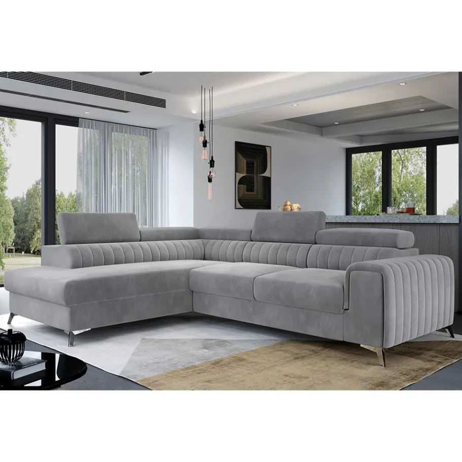 Sale Wohnen Ecksofa mit Bettfunktion in Hellgrau Samt - Merandes