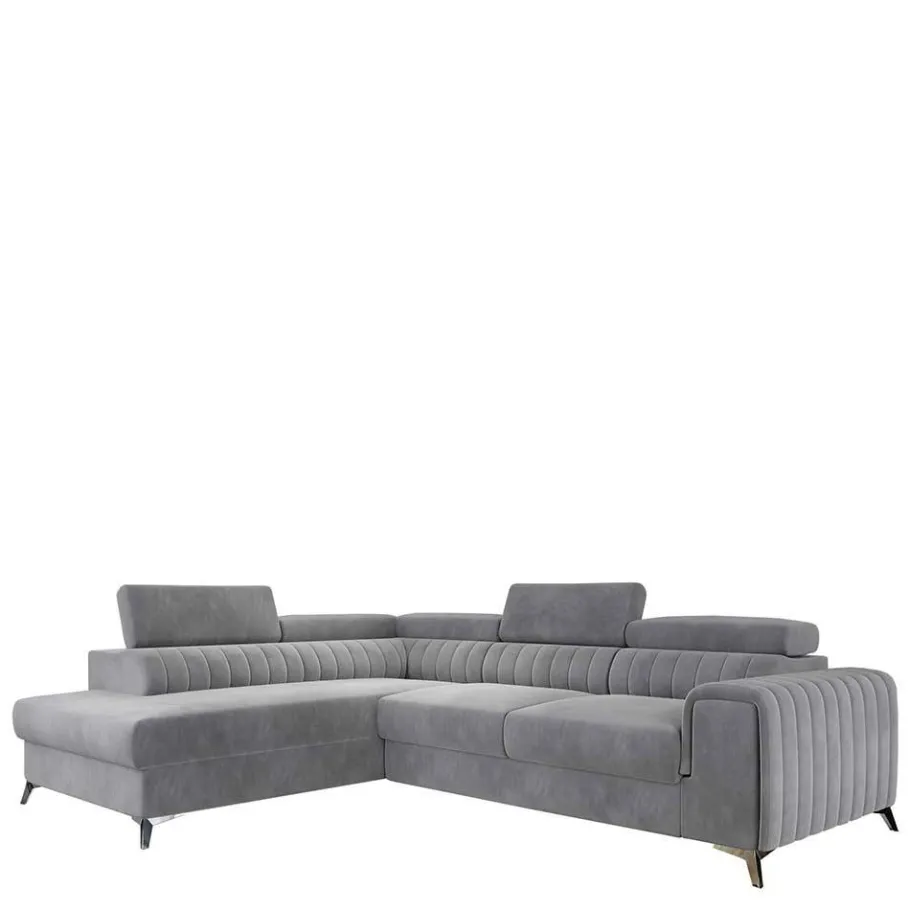 Sale Wohnen Ecksofa mit Bettfunktion in Hellgrau Samt - Merandes