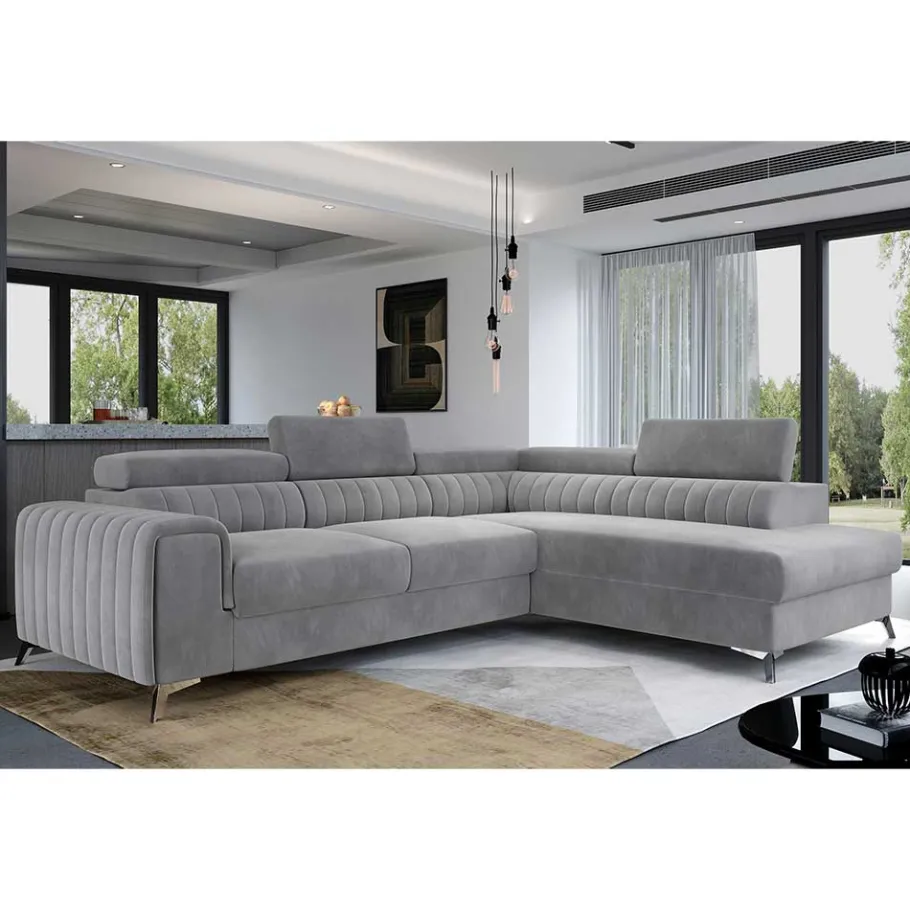 Sale Wohnen Ecksofa mit Bettfunktion in Hellgrau Samt - Merandes