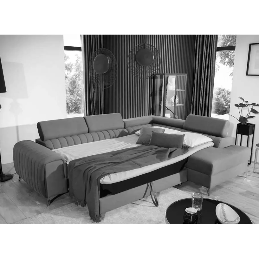 Sale Wohnen Ecksofa mit Bettfunktion in Hellgrau Samt - Merandes