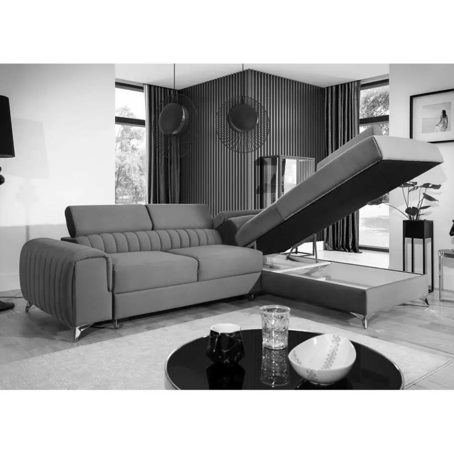 Sale Wohnen Ecksofa mit Bettfunktion in Hellgrau Samt - Merandes