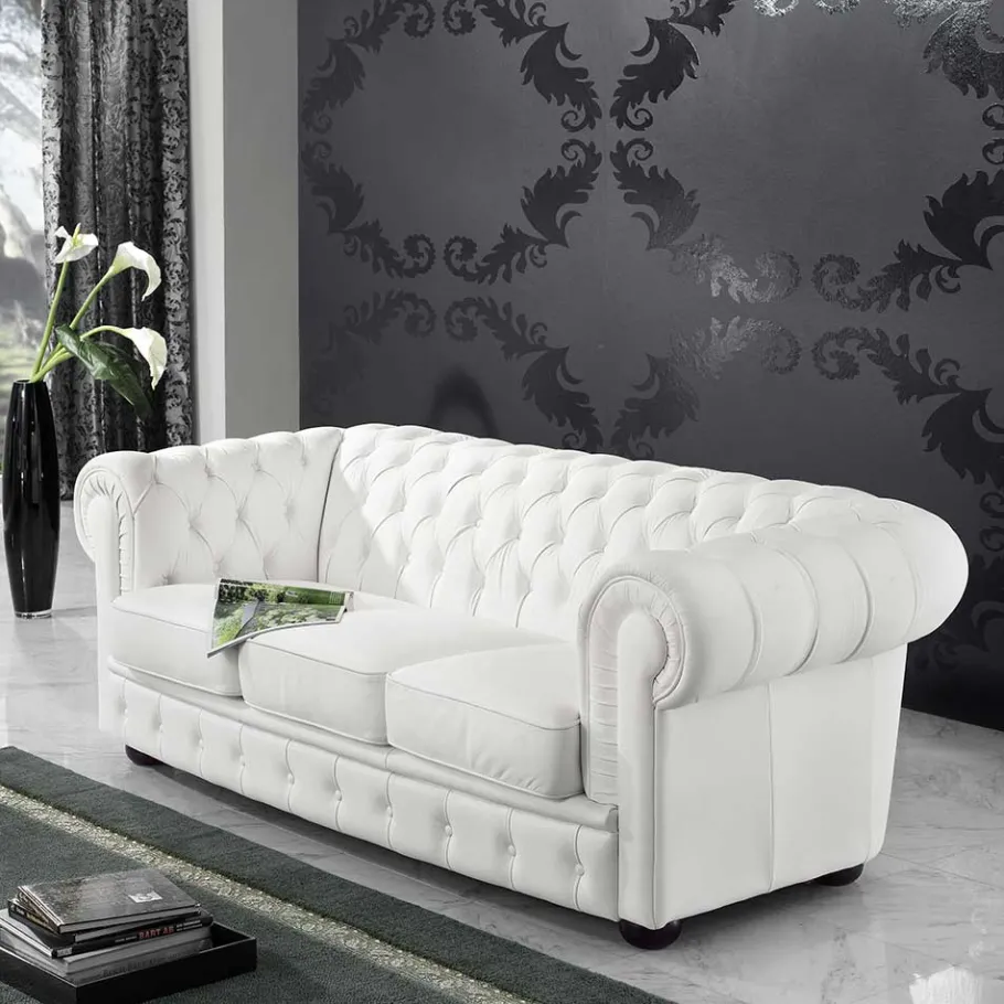 Discount Wohnen 3er Ledersofa im Chesterfield Look - Dossera