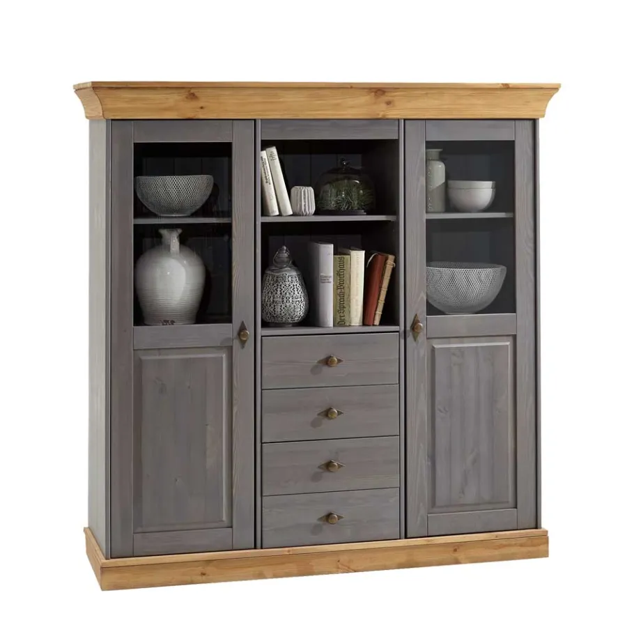 Discount Wohnen Esszimmer Highboard Vitrine Cempino in Grau