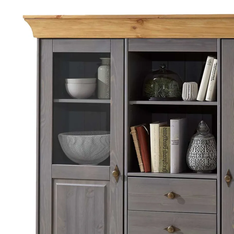 Discount Wohnen Esszimmer Highboard Vitrine Cempino in Grau