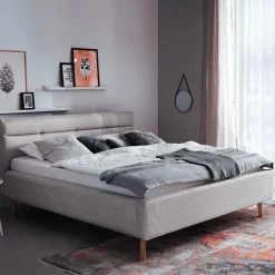 Outlet Wohnen Gepolstertes Stauraumbett in Grau Stoff - Puni