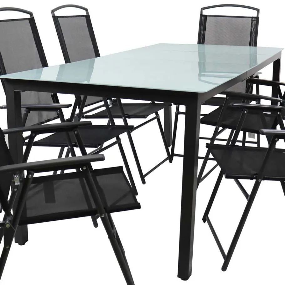 Clearance Wohnen Glastisch & Klappstühle wetterfest - Cretania (siebenteilig)