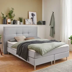 Hot Wohnen H3 Boxspringbett in Hellgrau Stoff & Chrom - Tuwedia