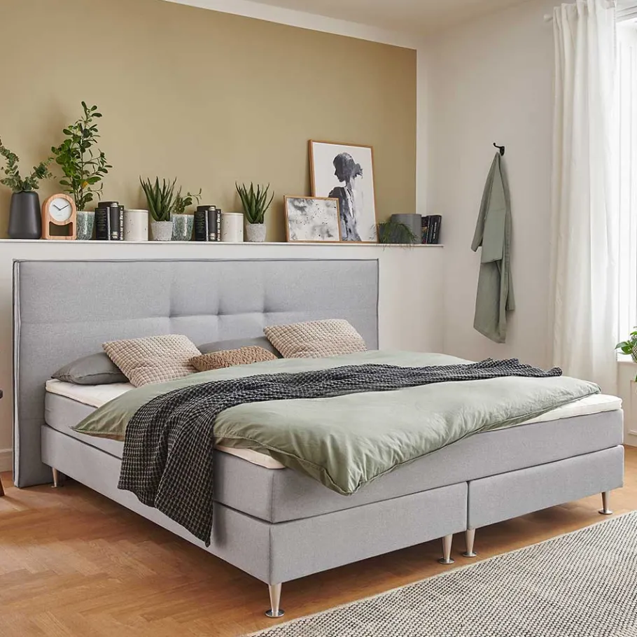 Hot Wohnen H3 Boxspringbett in Hellgrau Stoff & Chrom - Tuwedia