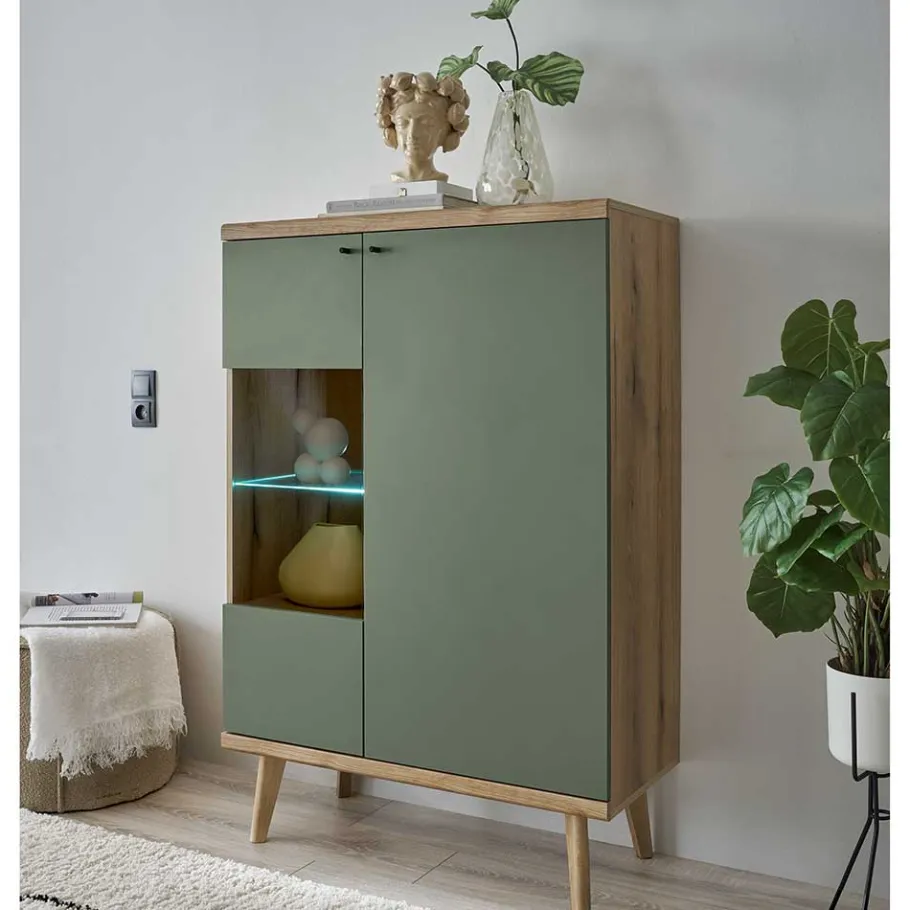 Outlet Wohnen Highboard in Graugrün und Wildeiche - Oliva