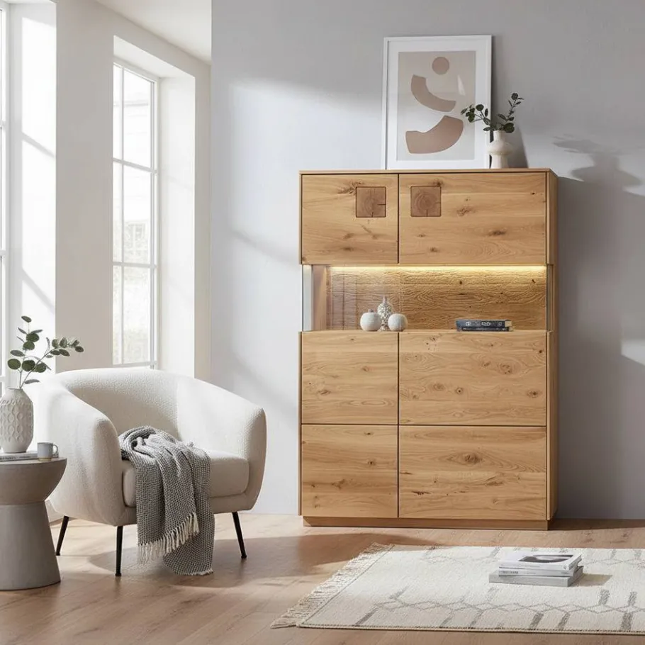 Sale Wohnen Highboard mit Glaseinsatz aus Wildeiche massiv - Millena