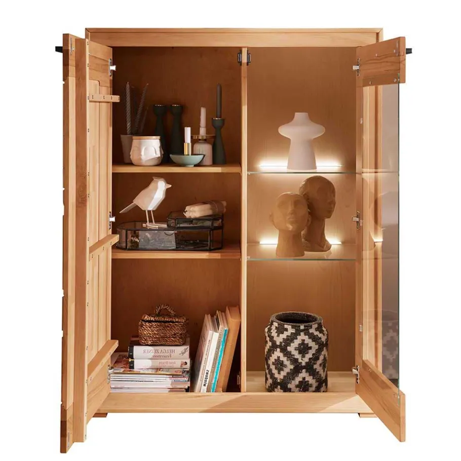 Sale Wohnen Highboard mit Glaseinsatz aus geölter Kernbuche - Sarosca