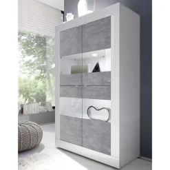 Online Wohnen Highboard Vitrine in Beton Optik & Weiß HG - Narandu