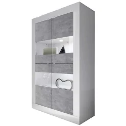Online Wohnen Highboard Vitrine in Beton Optik & Weiß HG - Narandu