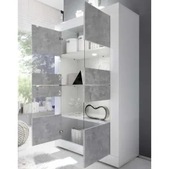 Online Wohnen Highboard Vitrine in Beton Optik & Weiß HG - Narandu