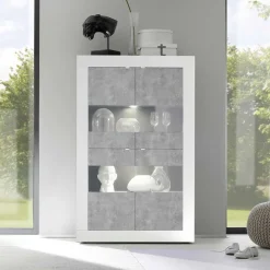 Online Wohnen Highboard Vitrine in Beton Optik & Weiß HG - Narandu