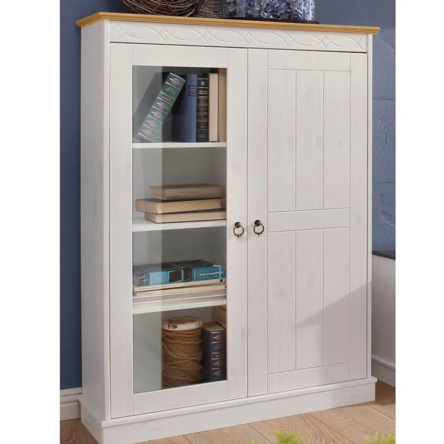 Sale Wohnen Highboard Vitrine in Weiß und Kiefer Honig - Zentra