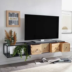 Hot Wohnen Hängendes TV Board aus Holz & Wiener Geflecht - Leiria