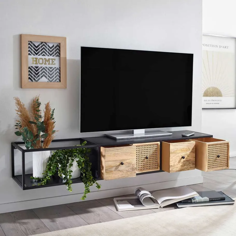 Hot Wohnen Hängendes TV Board aus Holz & Wiener Geflecht - Leiria