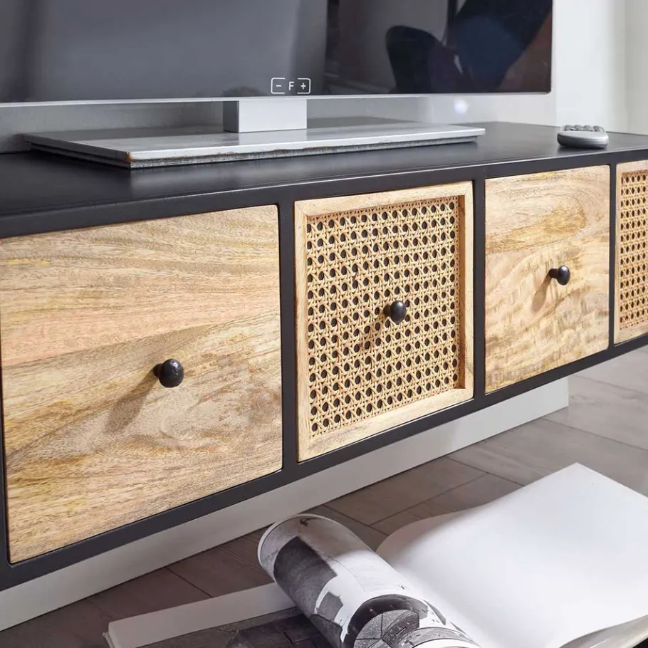 Hot Wohnen Hängendes TV Board aus Holz & Wiener Geflecht - Leiria
