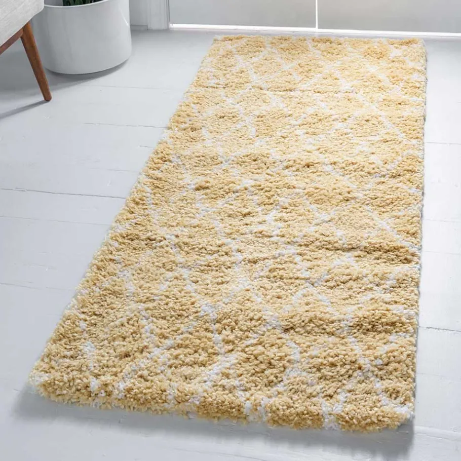 Hot Wohnen Hochflor Teppich Läufer in Gelb und Creme - Luzifania