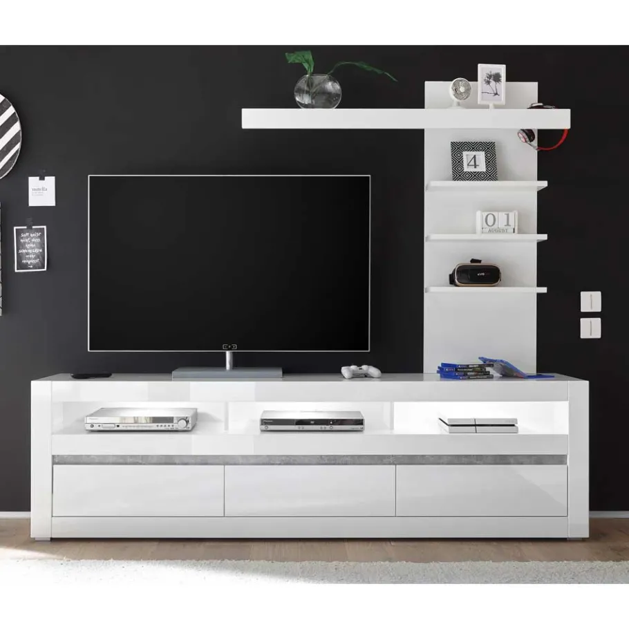 Clearance Wohnen Hochglanz Lowboard fürs TV in Weiß Mextra mit 3 Schubladen