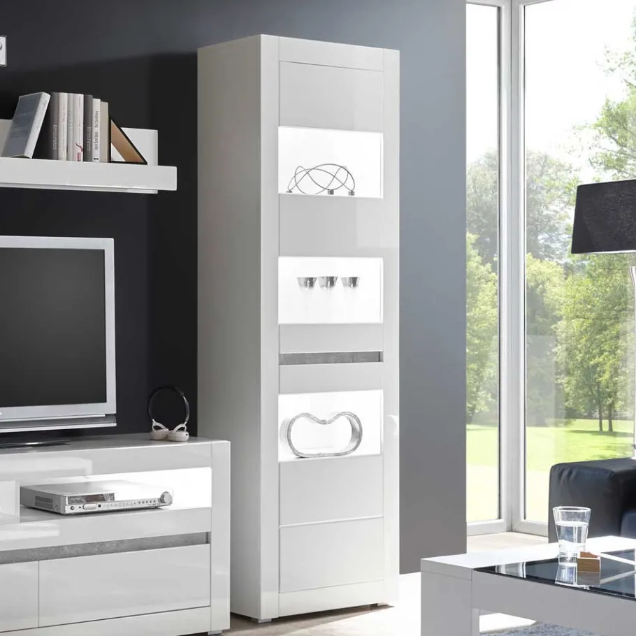Best Wohnen Hochglanz Vitrine in Weiß mit Beton Dekor Mextra 2-türig