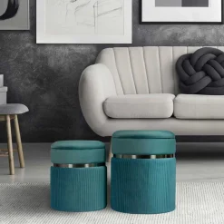Clearance Wohnen Hocker in Blau Petrol mit Silber - Beanca (zweiteilig)