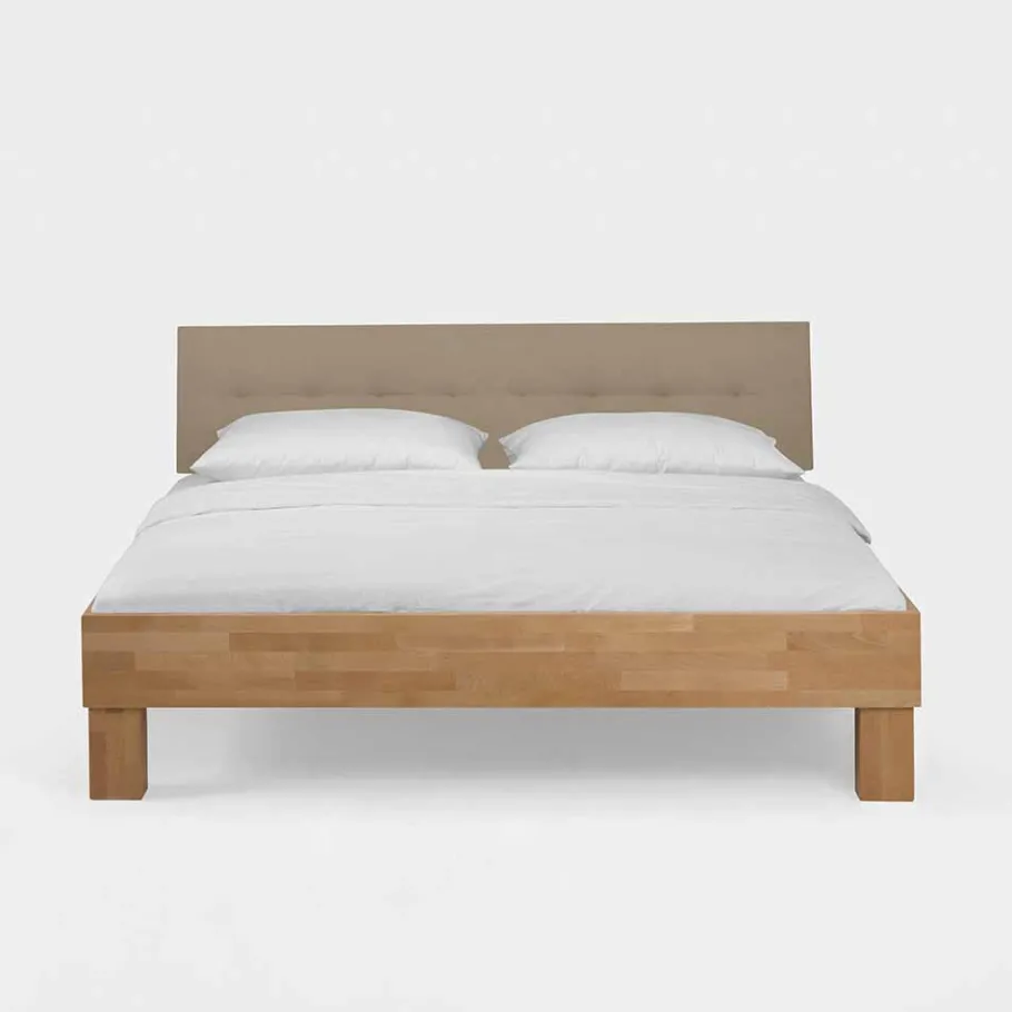 Outlet Wohnen Holz Bett mit Polsterkopfteil Zalto in Buche natur und Beige