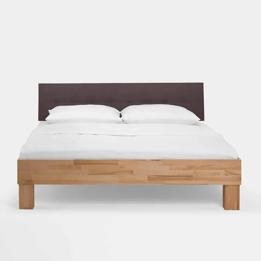 Outlet Wohnen Holzbett massiv Wins mit Polster-Kopfteil Kunstleder Dunkelbraun