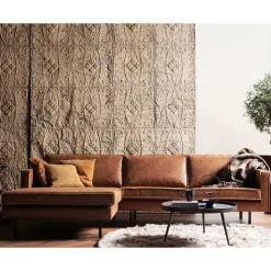 New Wohnen Kantiges Echtleder Ecksofa in Cognac Braun - Artemi