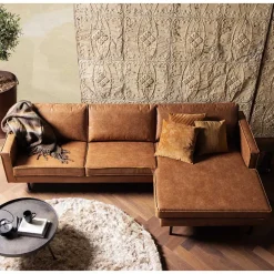 New Wohnen Kantiges Echtleder Ecksofa in Cognac Braun - Artemi