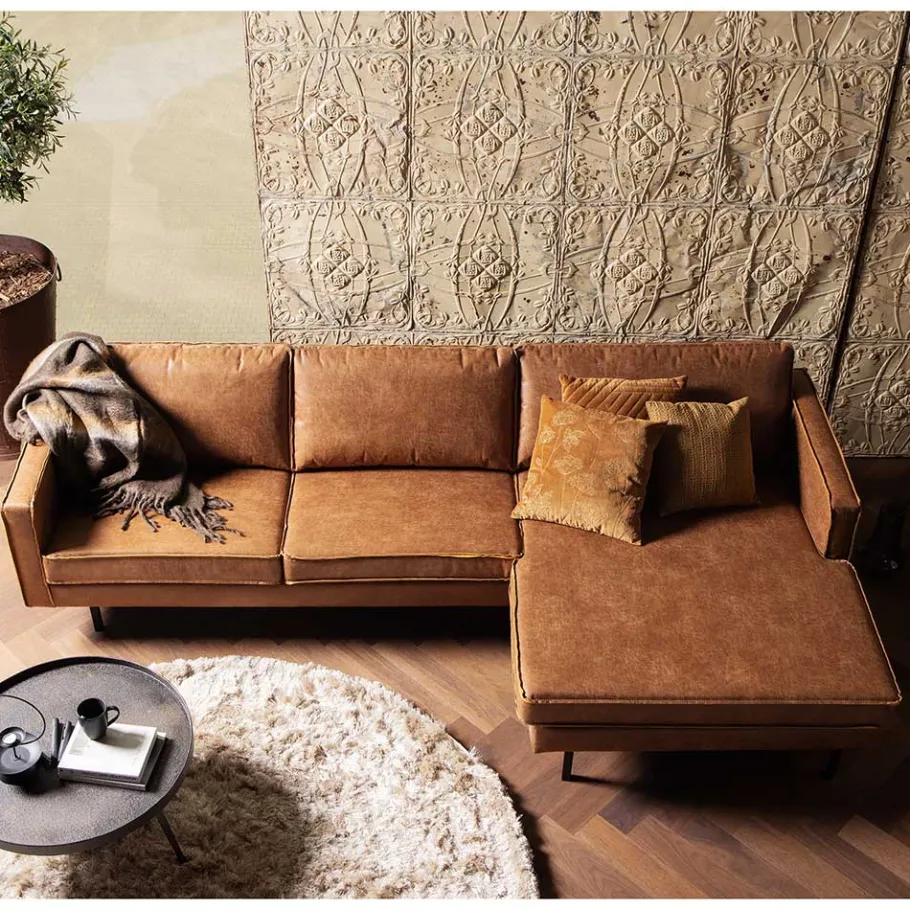 New Wohnen Kantiges Echtleder Ecksofa in Cognac Braun - Artemi