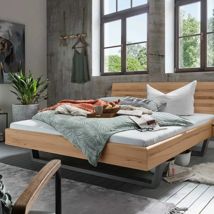 Hot Wohnen Kernbuche Bett mit Metallkufen Gestell - Eudrinia II