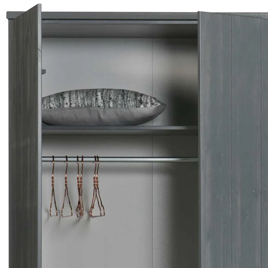 Wohnen Kiefernholz Kleiderschrank in Dunkelgrau - Isnos