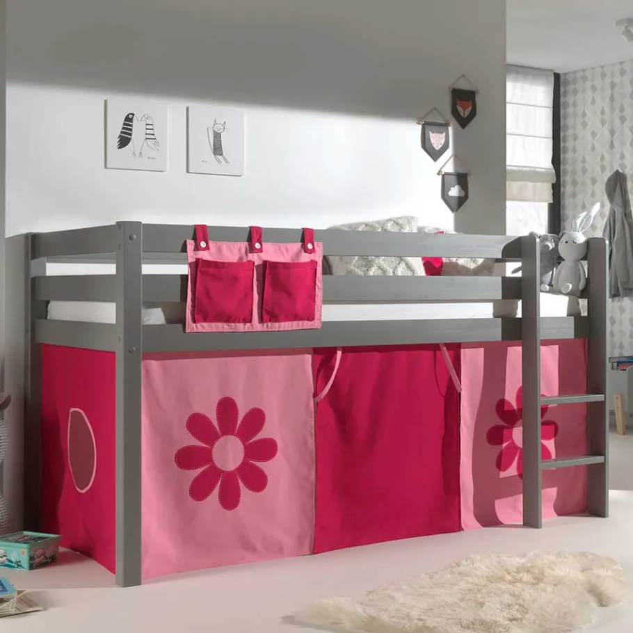 Hot Wohnen Kinder-Hochbett in Grau mit Spielvorhang - Helma