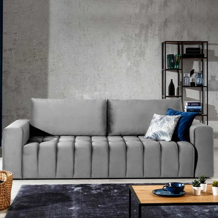 New Wohnen Klappcouch in Hellgrau Samtbezug - Grosky