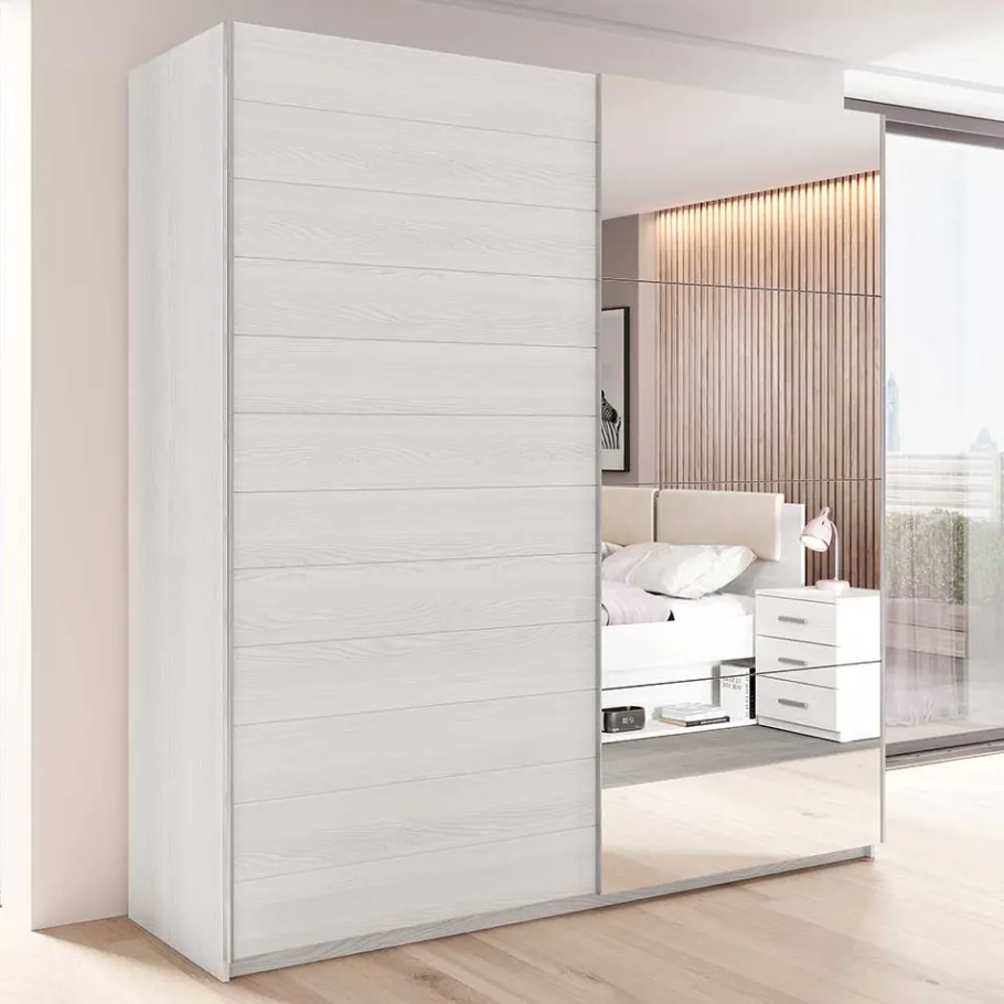 Discount Wohnen Kleiderschrank mit Schwebetüren in Esche Weiß - Pruducia
