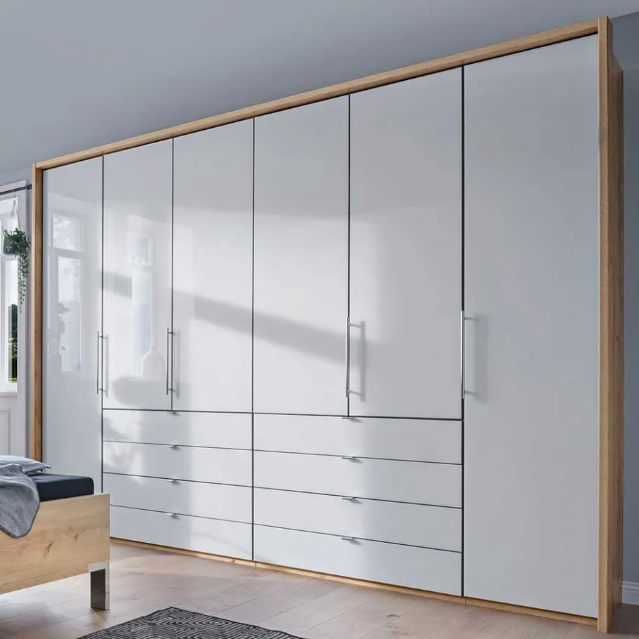Outlet Wohnen Kombi Kleiderschrank in Weiß Glas & Eiche Bianco - Nuetran