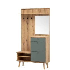 Online Wohnen Kompakt-Garderobe in Eiche Optik und Graugrün - Oliva