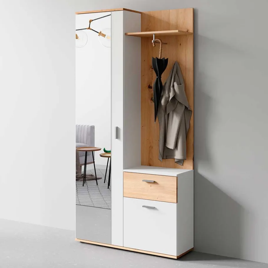 Outlet Wohnen Kompaktgarderobe in Weiß und Wildeiche Optik - Yumagno