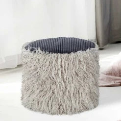 Hot Wohnen Kunstfell Pouf in Hellgrau mit Cord Dunkelgrau - Valbera