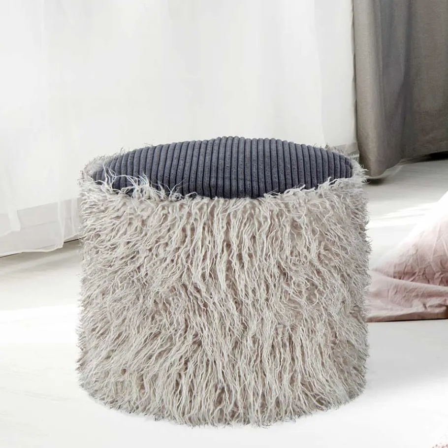 Hot Wohnen Kunstfell Pouf in Hellgrau mit Cord Dunkelgrau - Valbera
