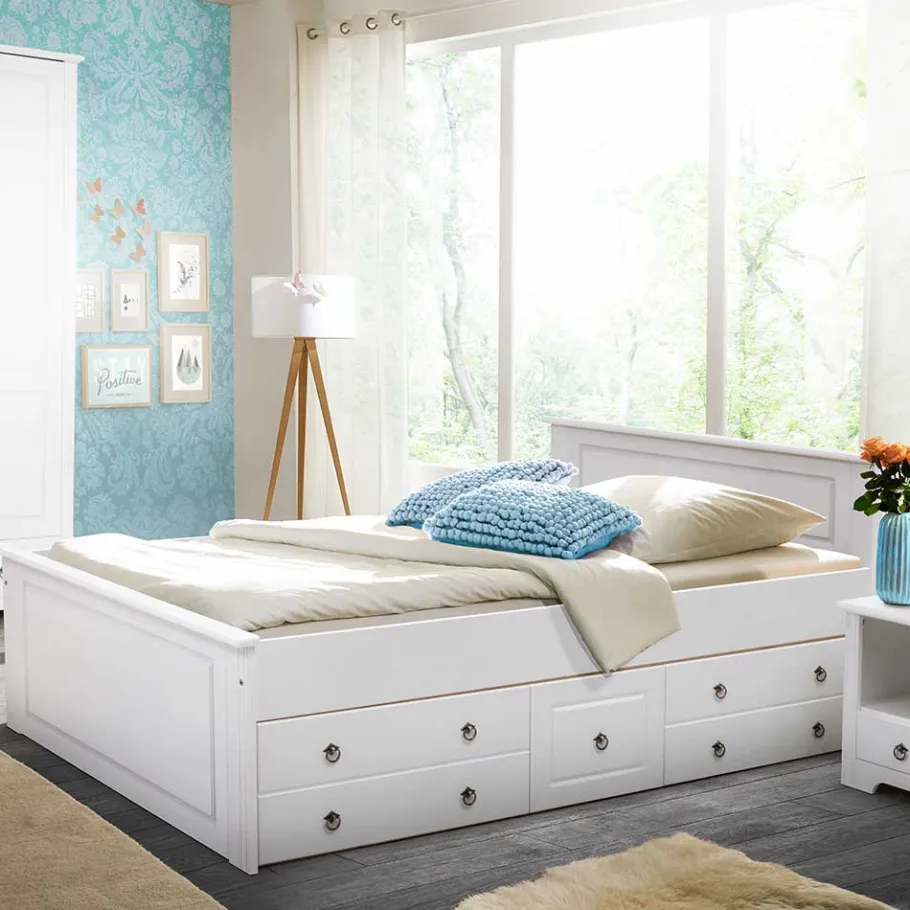Outlet Wohnen Lackiertes Kiefernholz Ehebett in Weiß - Velriva
