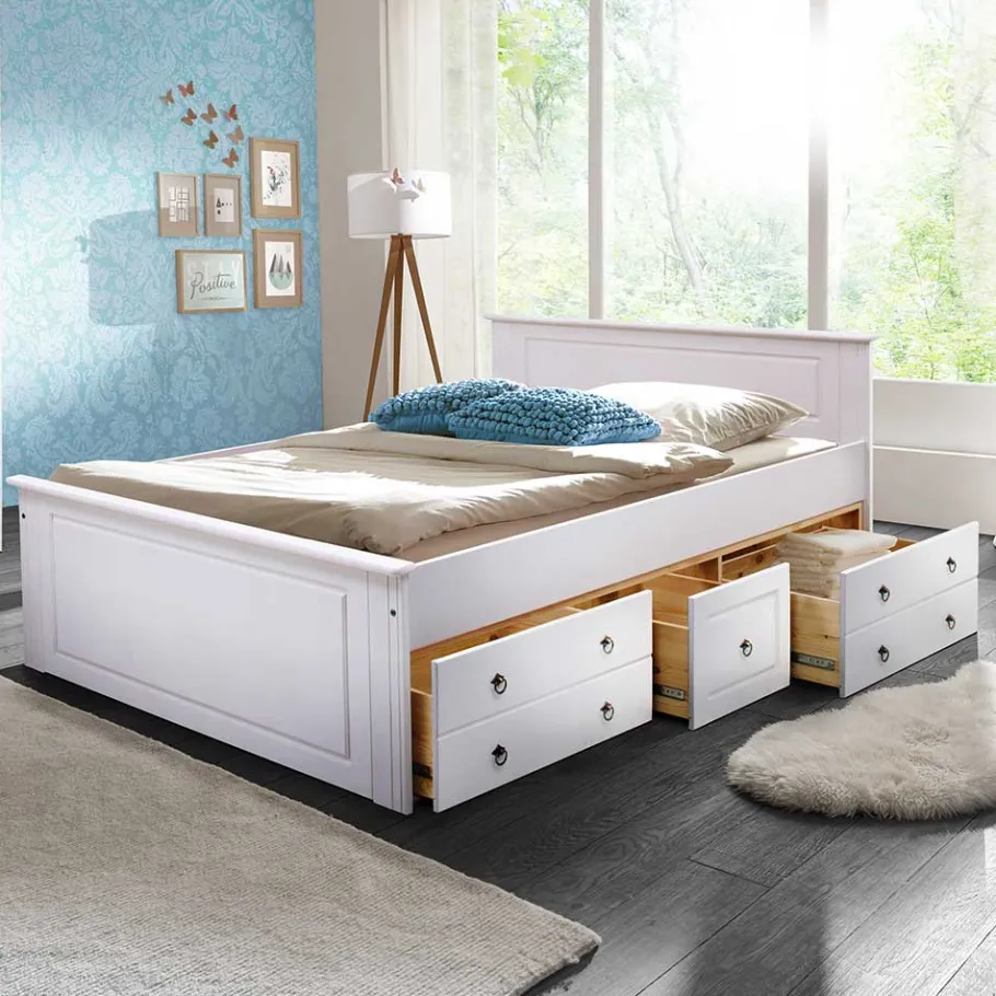 Outlet Wohnen Lackiertes Kiefernholz Ehebett in Weiß - Velriva