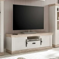 Clearance Wohnen Landhaus TV Board in Weiß & Pinie Shabby Nedita 156 cm breit